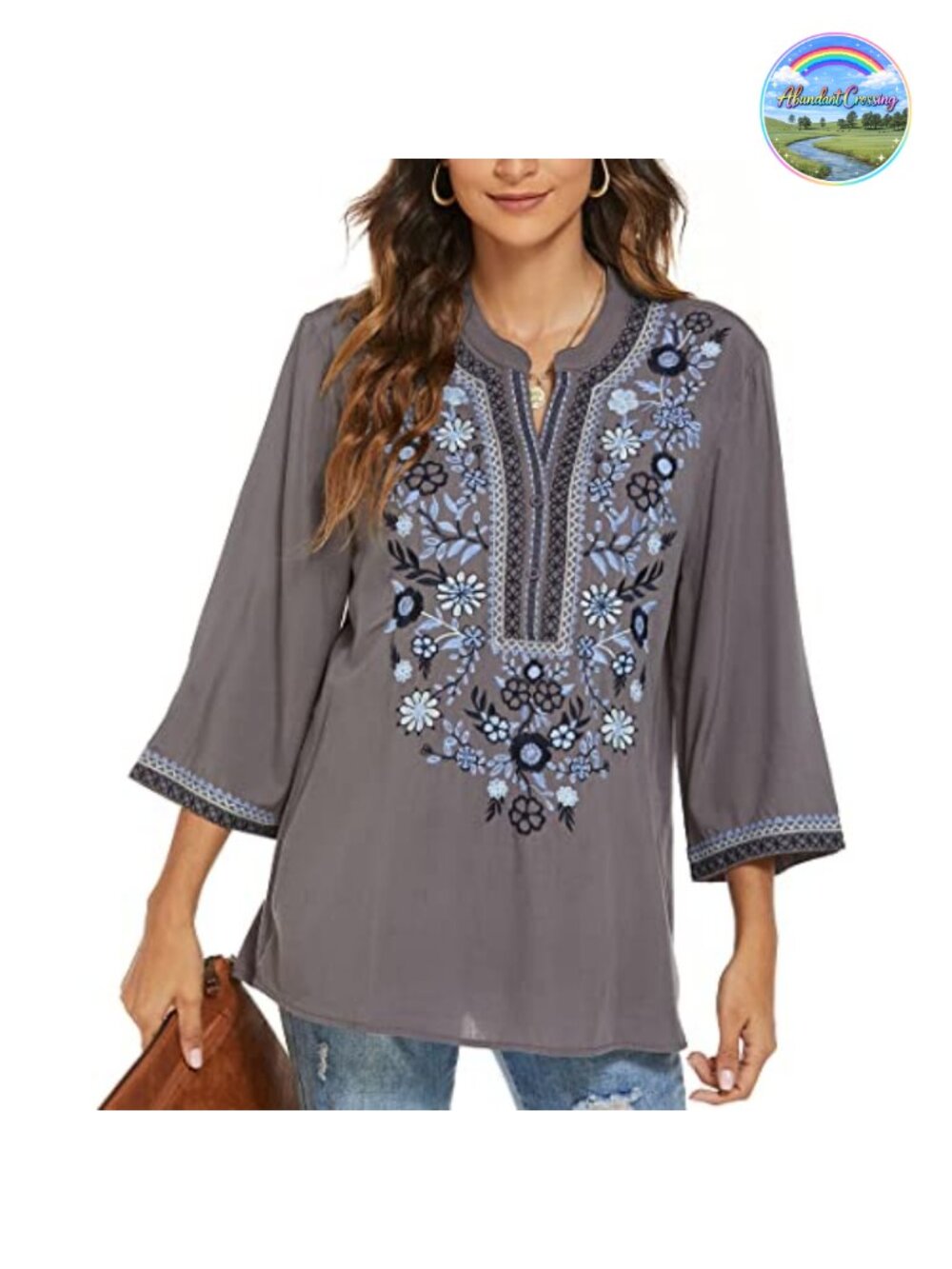 3/4 Sleeve V-Neck Embroidered Rayon Peasant Tunic Blouse Boho